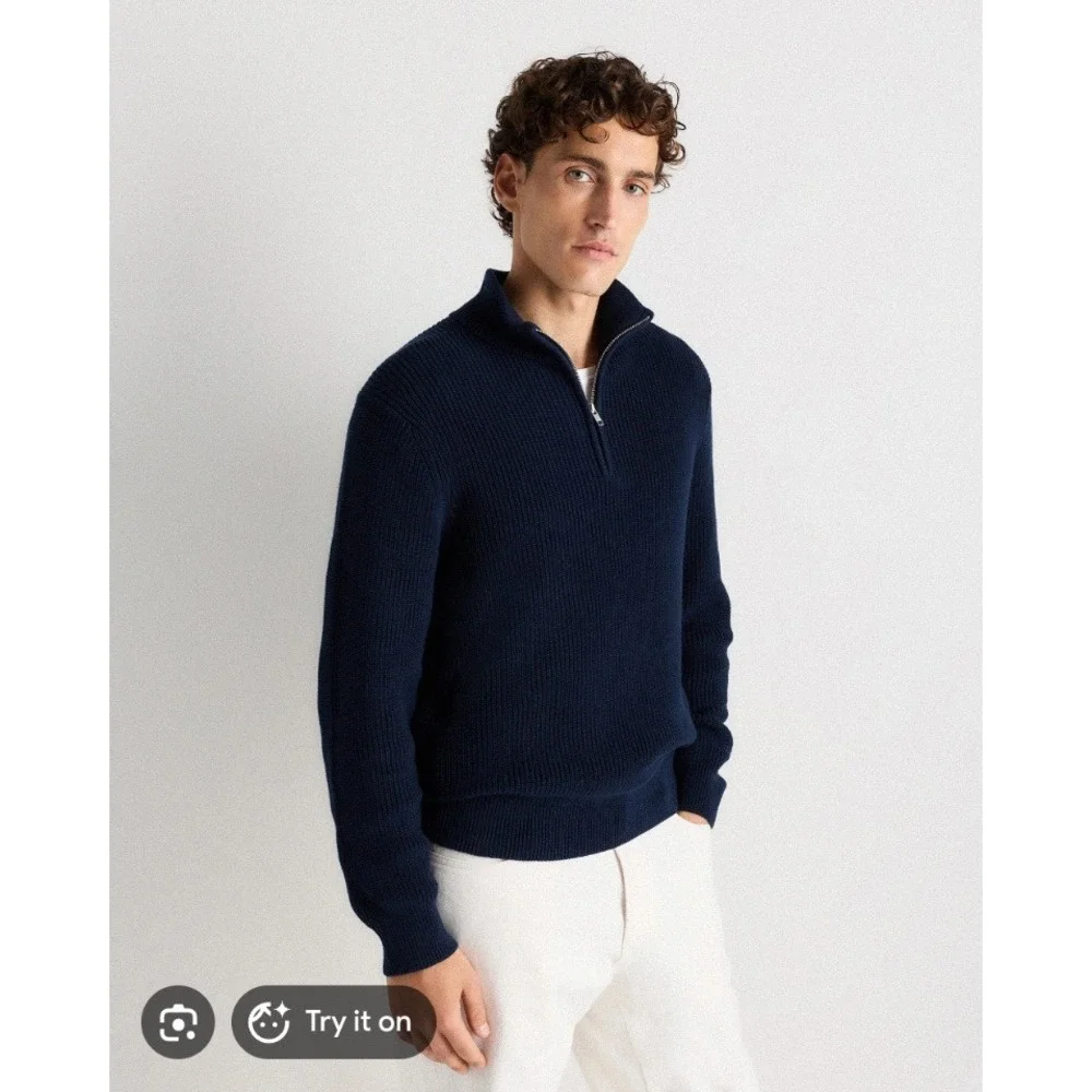Quince Mens Black 100% Organic Cotton Ribbed Stitch Quarter Zip Sweater Small